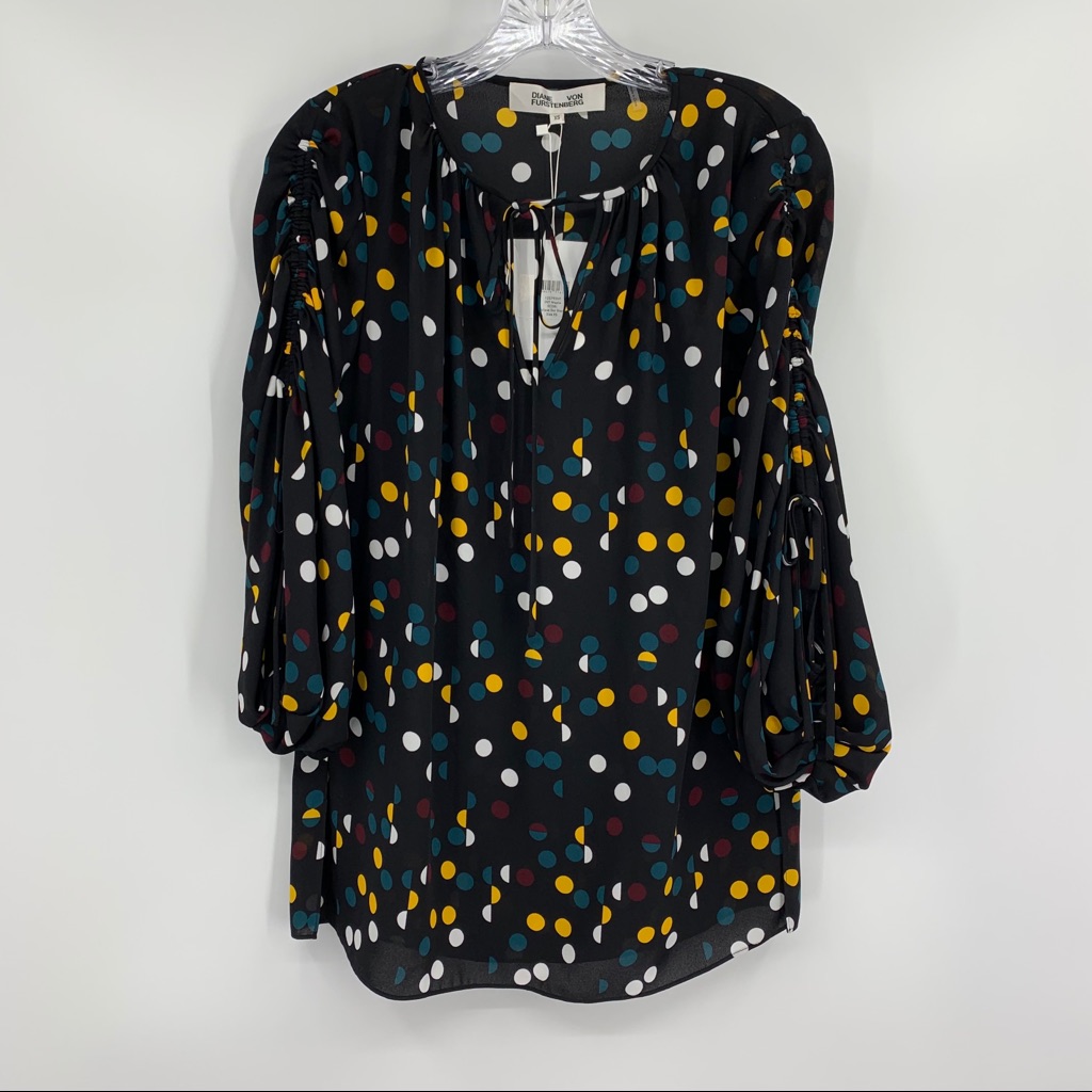 Diane Von Furstenberg Blouse Nwt Polka Dot Tie Neck Long Sleeve Black Size Xs